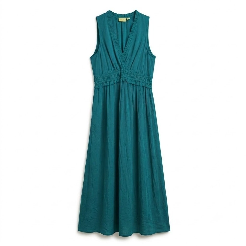 Maeve Anthropologie Ruffle V-Neck Smocked Waist Midi Dress Teal Coastal Vacay
